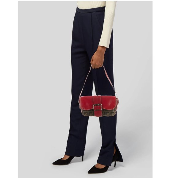 FENDI Vintage Red-Leather Trimmed Zucca Baguette Retail 4500 - Picture 2 of 11